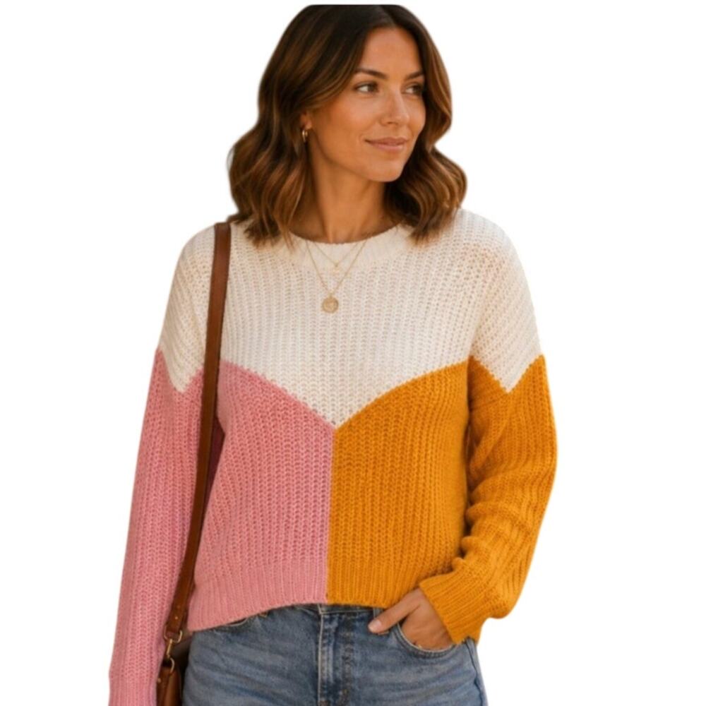 Sincerely Jules Colorblock oversized sweater ivory, pink, orange chevron design